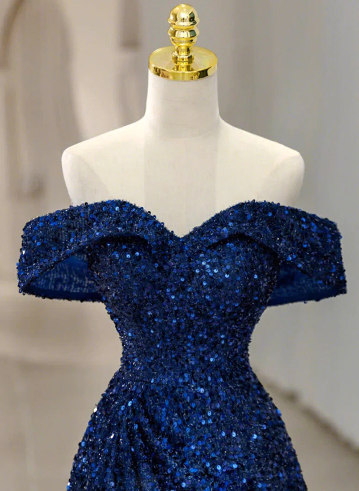A-line Blue Sequins Off Shoulder Prom Dress