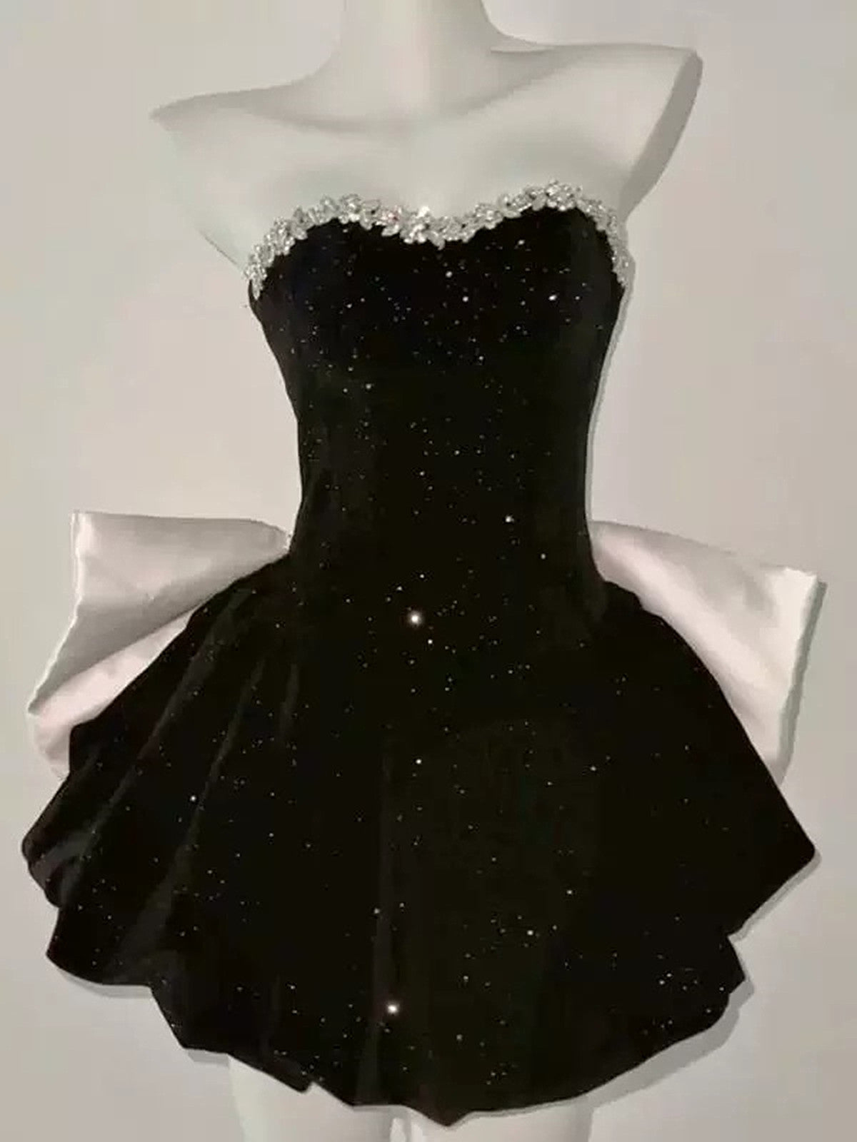 Black Velvet Short Beaded Party Dress with Bow
