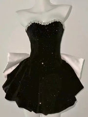 Black Velvet Short Beaded Party Dress with Bow