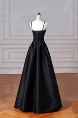 Black A-Line Straps Satin Long Party Dress