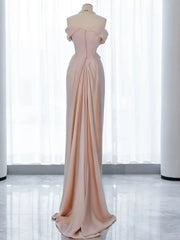 Vestido de fiesta de boda largo con hombros descubiertos de satén suave rosa 
