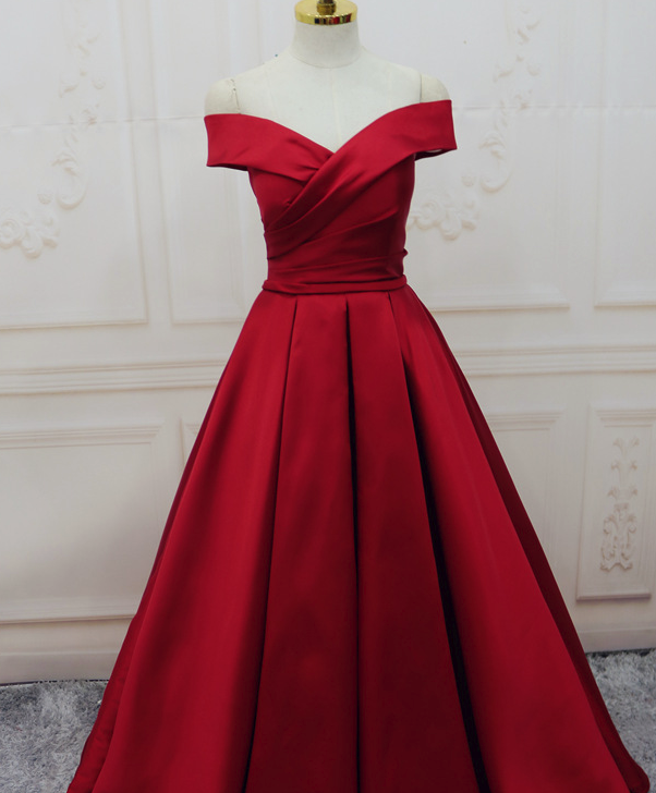 Red Satin Off Shoulder Handmade Long Formal Dress