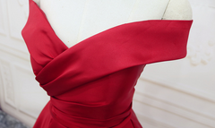 Red Satin Off Shoulder Handmade Long Formal Dress