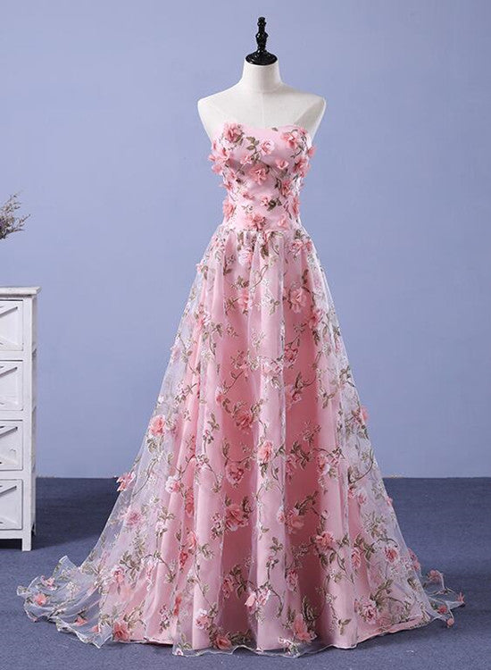 Vestido largo de fiesta juvenil con flores de tul rosa oscuro 