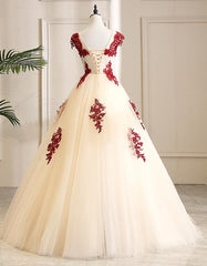 Gorgeous Champagne Tulle Long Sweet 16 Dress with Red Lace