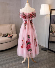 Lovely Pink Off Shoulder Tea Length Formal Dress