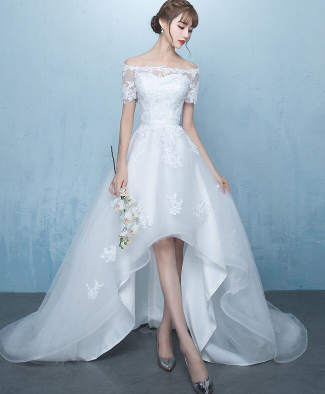 Beautiful White Off Shoulder High Low Party Dress with Train