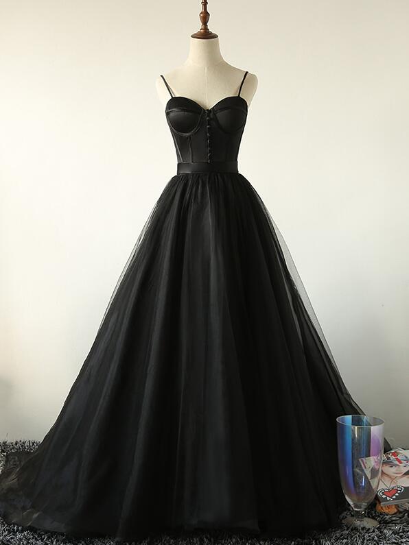 Elegante vestido de fiesta de tul con tirantes negros y escote en forma de corazón 