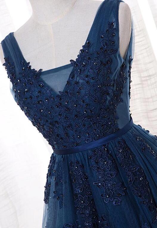 Vestido de dama de honor largo azul de corte A 