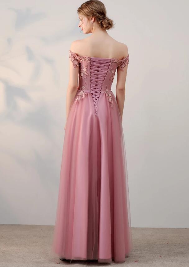 Pink Off Shoulder Tulle Long Party Dress