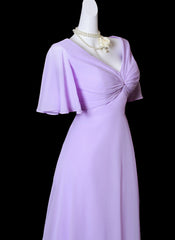 Vestido de fiesta largo de gasa morado claro con mangas cortas 