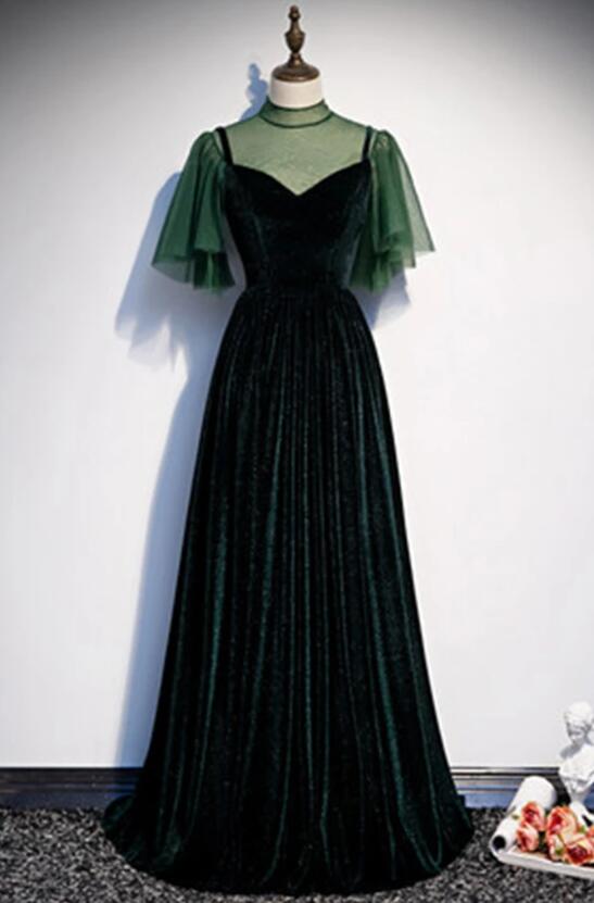Vestido largo de fiesta de terciopelo verde oscuro de moda 
