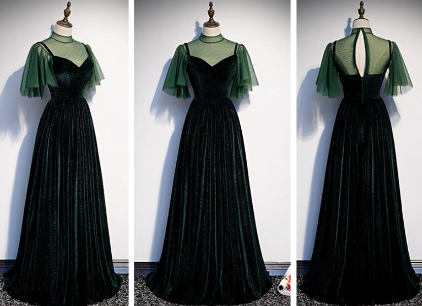 Vestido largo de fiesta de terciopelo verde oscuro de moda 