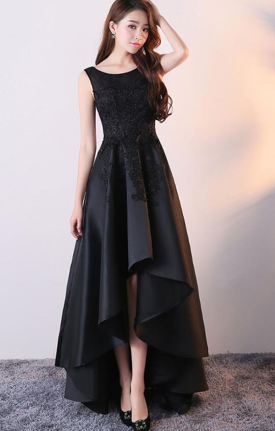 Black Satin with Lace High Low Prom Dress