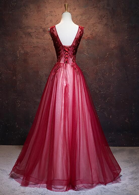 Lovely Wine Red V-neckline Tulle Party Gown