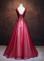 Lovely Wine Red V-neckline Tulle Party Gown