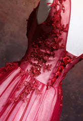 Lovely Wine Red V-neckline Tulle Party Gown