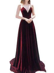 Encantador vestido de fiesta largo con tirantes de terciopelo rojo vino 