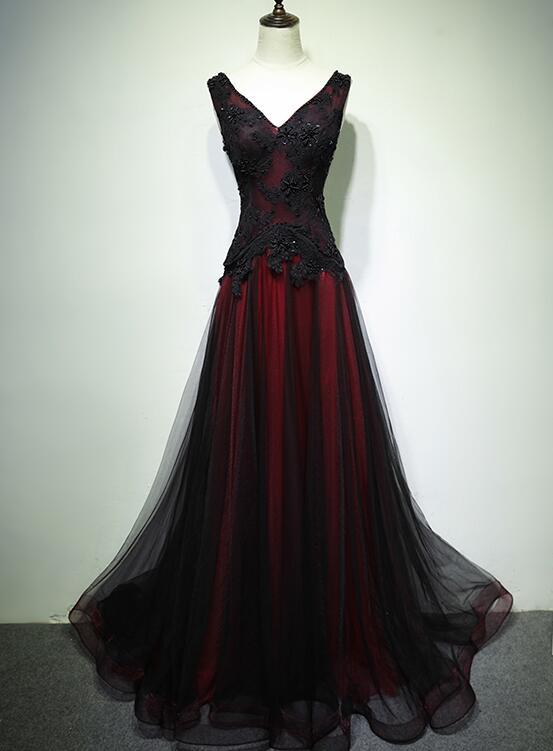 Black and Tulle V-neckline Beaded Lace Long Party Dress