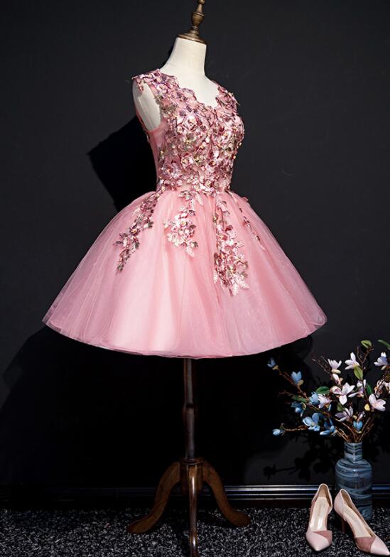 Beautiful Pink Tulle Flowers Homecoming Dress
