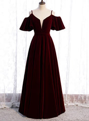 Beautiful Wine Red Velvet Off Shoulder Floor Length Party Dress