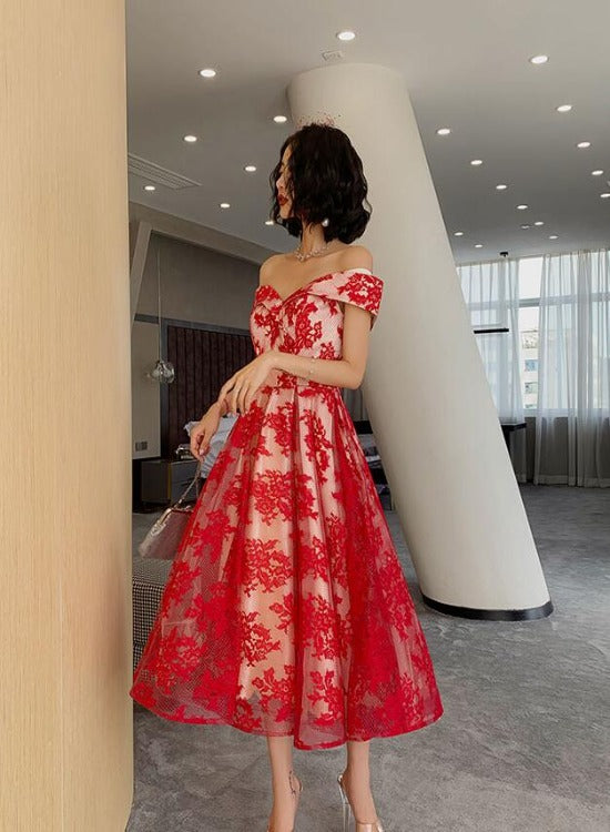 Red Lace Off Shoulder Tea Length Bridesmaid Dress