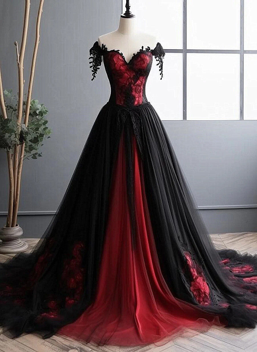 Vestido de fiesta de tul con hombros descubiertos y encaje negro y rojo 