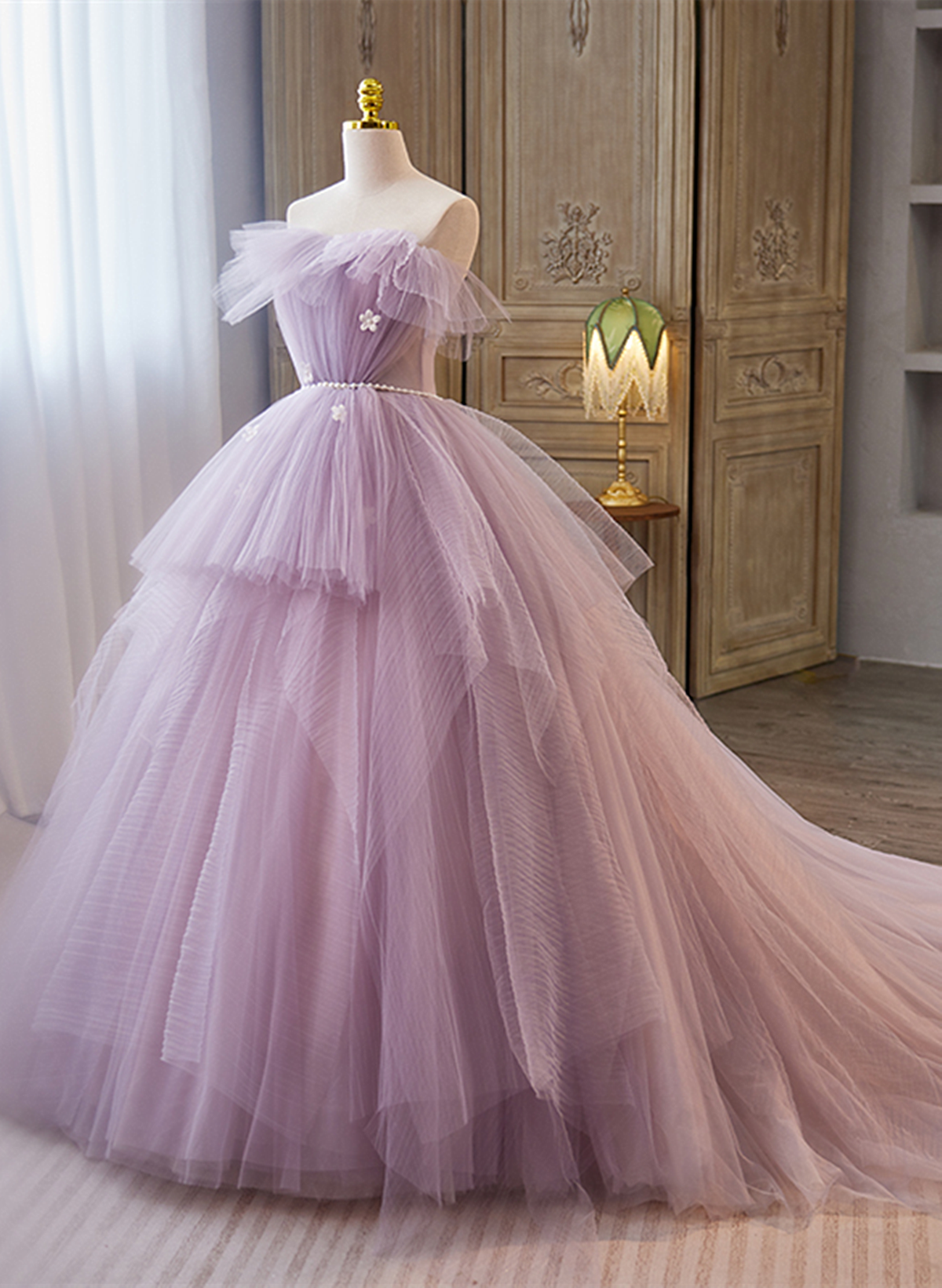 Vestido largo de fiesta de tul morado claro para dulces 16