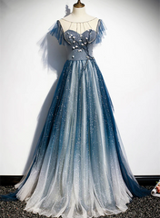 Vestido de fiesta largo de tul azul con cuentas y corte A 