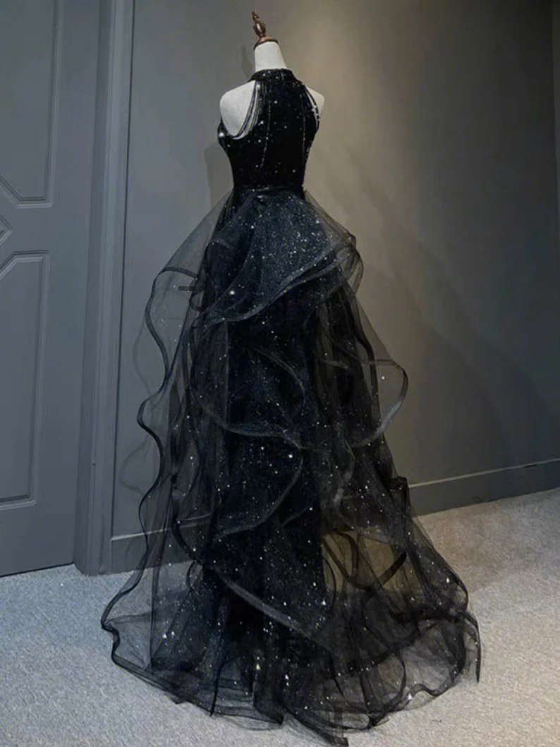 Black Halter Tulle Layers Long Prom Dress with Sequins
