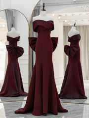 Wine Red Off Shoulder Long Party Dress with Bow