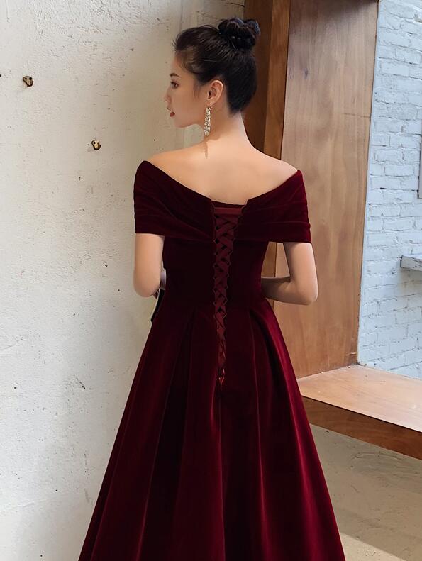 Elegant Burgundy Off Shoulder Sweetheart Velvet Party Dress