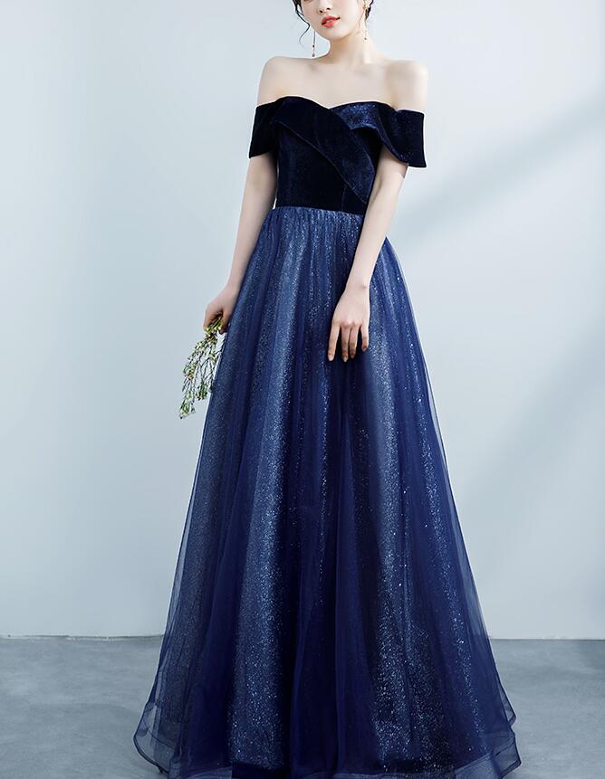 Navy Blue Off Shoulder Velvet Sweetheart Party Dress