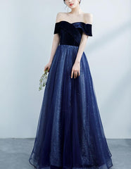 Navy Blue Off Shoulder Velvet Sweetheart Party Dress