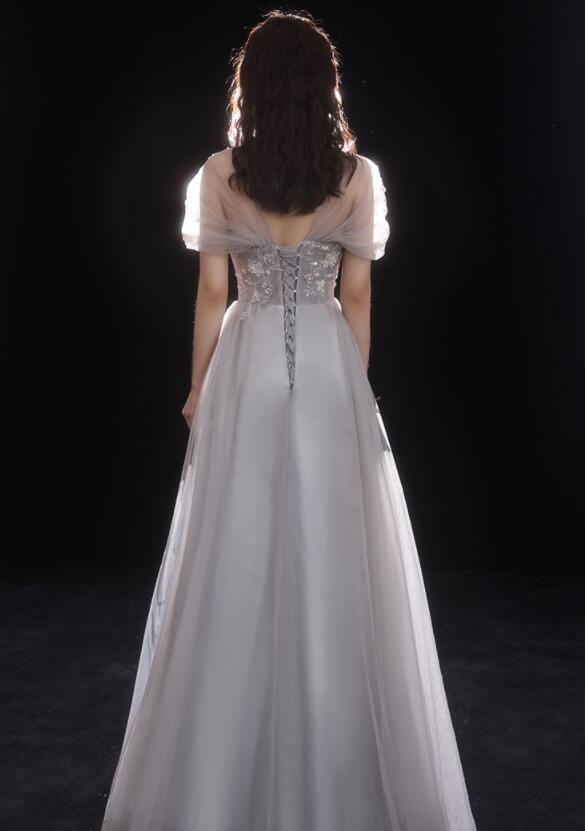 Light Grey Beaded Off Shoulder Tulle A-line Junior Prom Dress