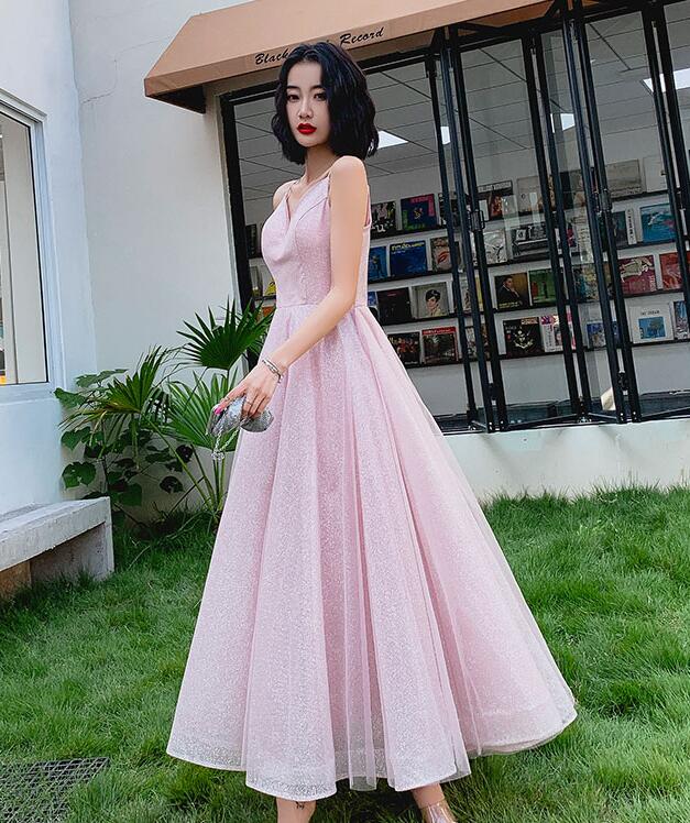 Pink V-neckline Sequins V-necckline Straps Party Dress