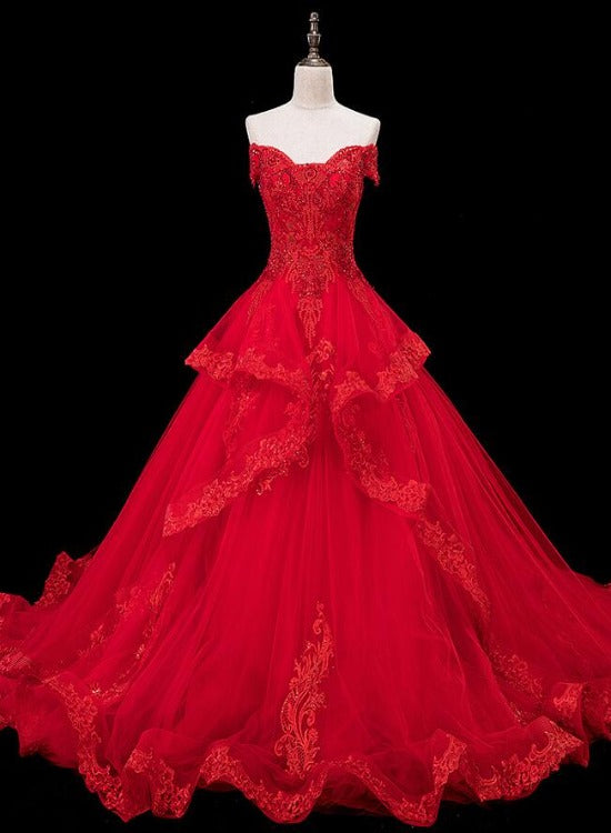 Red Lace and Tulle Gorgeous Off Shoulder Princess Sweet 16 Dress