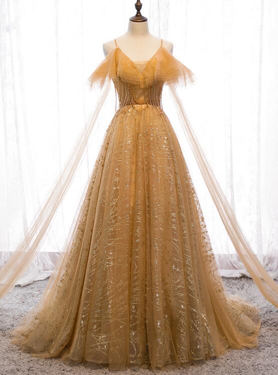 Vestido de fiesta largo hasta el suelo con escote en V, encaje de tul color champán y cuentas 