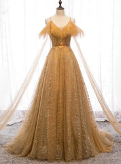 Vestido de fiesta largo hasta el suelo con escote en V, encaje de tul color champán y cuentas 
