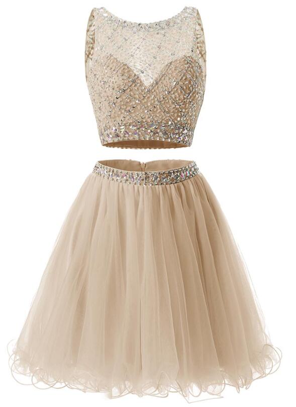 Two Piece Champagne Beaded Tulle Homecoming Dress