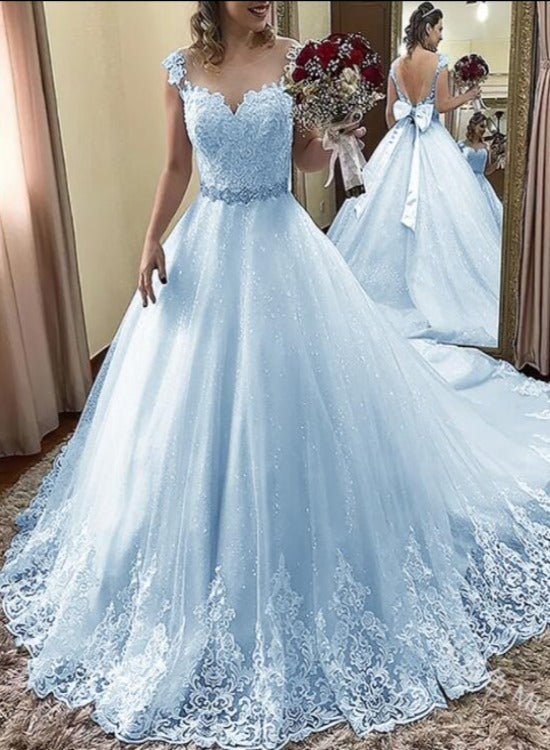Light Blue Beautiful Shiny Tulle with Lace Round Neckline Formal Dress