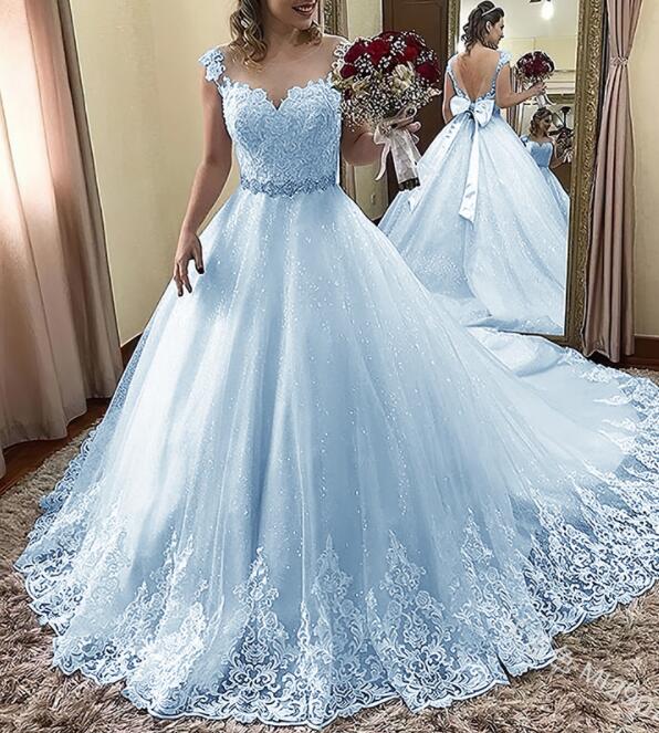 Light Blue Beautiful Shiny Tulle with Lace Round Neckline Formal Dress