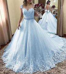 Light Blue Beautiful Shiny Tulle with Lace Round Neckline Formal Dress