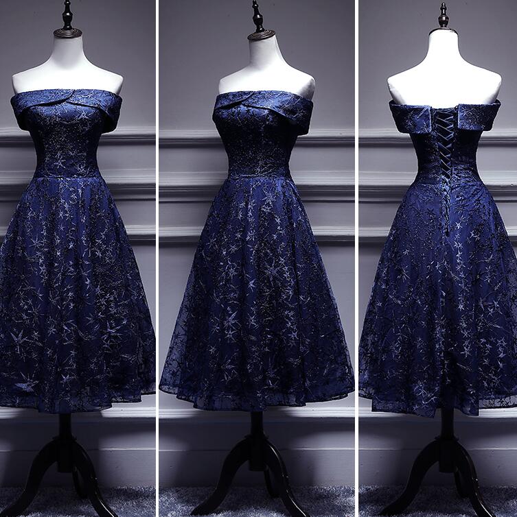Vestido de dama de honor con hombros descubiertos y encaje azul marino, vestido formal azul 