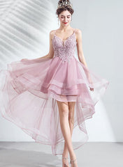 V-neckline Lace Applique Straps High Low Party Dress