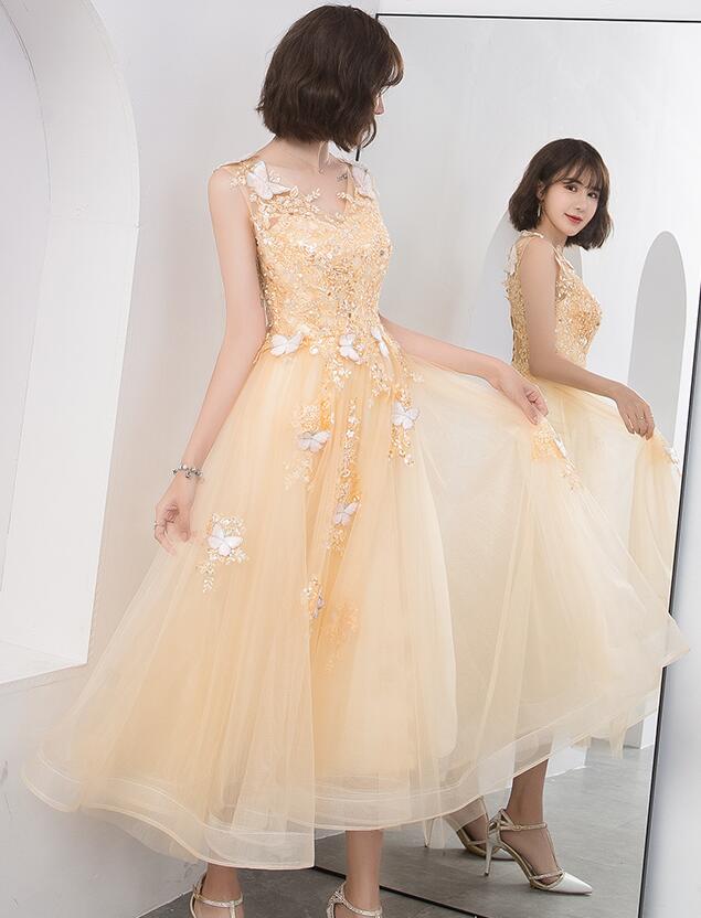 Lovely Champapgne Tulle Tea Length Party Dress with Butterfly
