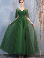 Vestido de noche largo formal de tul verde oscuro con corte A 