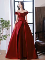 Vestido de fiesta de satén rojo vino con hombros descubiertos 