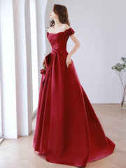 Vestido de fiesta de satén rojo vino con hombros descubiertos 