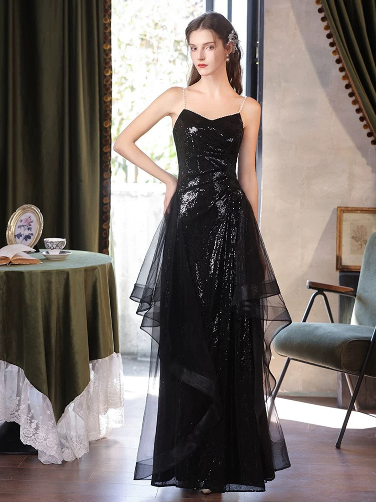Black Sequins V-neckline Straps Long Party Dress